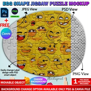 May include: A mockup of an egg-shaped jigsaw puzzle with a yellow background and a pattern of smiley faces. The puzzle is shown in both JPEG and PNG formats. The text "CHANGE BACKGROUND" is visible in the image.
