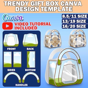 May include: A Canva design template for a gift box with a handle. The template includes a front, back, sides, bottom, and handles. The box is designed to look like a handbag with a window. The template is available in three sizes: 8.5 x 11 inches, 13 x 19 inches, and 16 x 20 inches. A video tutorial is included.