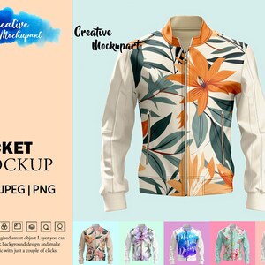 May include: A white leather jacket with a floral print. The jacket has a zipper closure and two pockets. The print features orange, green, and white flowers on a cream background.