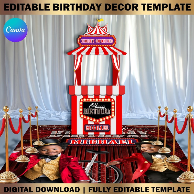 9x Circus Theme Birthday Decor Canva Template Bundle, Name Cutout ...