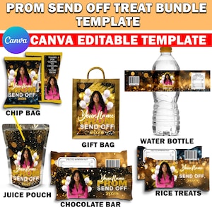 Prom Packaging Template Bundle, Yellow & Gold Prom Send Off Treats, Personalized Editable Canva Party Bundle, Custom Water Labels, Chip Bag