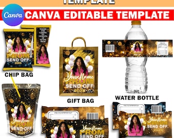 Prom Packaging Template Bundle, Yellow & Gold Prom Send Off Treats, Personalized Editable Canva Party Bundle, Custom Water Labels, Chip Bag