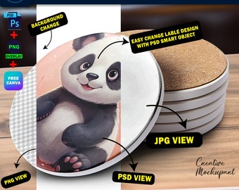 Puede incluir: Una maqueta de un posavasos de taza de té de cerámica con un diseño de panda de dibujos animados lindo. El posavasos es blanco, redondo y tiene un respaldo de corcho marrón. La imagen muestra el posavasos en vista PNG y JPG.