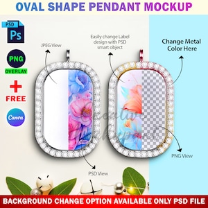 May include: Two oval-shaped pendant mockups with a silver and gold metal frame. The pendants are set with clear rhinestones and feature a floral design. The left pendant has a pink and blue floral design, while the right pendant has a pink and orange floral design. The mockups are set against a white background with a light blue background behind the right pendant.