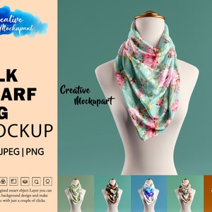 May include: A mockup of a large silk scarf with a floral pattern in shades of pink, green, and white. The scarf is draped over a white mannequin. The image includes the text "Creative Mockupart" and "Silk Scarf Big Mockup".