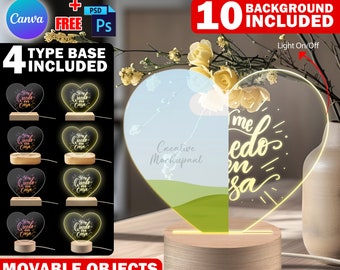 Canva Heart Shaped Acrylic LED Light Plaque Mockup, Personalized Heart Photo Night Light, Insert Photo, Insert Picture, Quote Via PSD