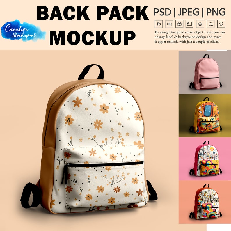May include: A white backpack with a floral pattern and brown leather accents. The backpack has a zippered pocket on the front and adjustable straps.