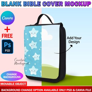 Maqueta de portada de Biblia en Canva, maqueta de libro escolar portátil, bolso de mano, estuche para lápices para sublimación, diseño de inserto y fondo en formato PSD