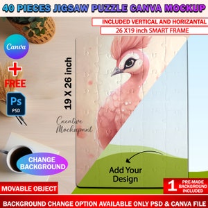 Canva 40 Piece Puzzle Mockup, Jigsaw Puzzle Template For Sublimation, Insert Your Own Design & Background Via Smart Canva Frame And PSD