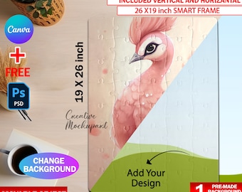 Canva 40 Piece Puzzle Mockup, Jigsaw Puzzle Template For Sublimation, Insert Your Own Design & Background Via Smart Canva Frame And PSD