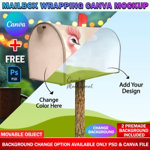 May include: A mockup of a mailbox with a customisable design. The mailbox is white with a green and blue background. The text "Change Color Here" is visible on the mailbox. The text "Add Your Design" is visible on the right side of the image. The text "2 Premade Background Included" is visible on the bottom right of the image.