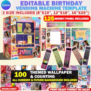 Editable Birthday Vending Machine Template, DIY Vending Machine For Birthday Gift, Canva Editable Claw Machine Template 8X10, 12x16 & 16x20
