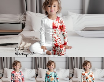 Kids Full Sleeve Pajama Set Mockup | Toddler&#39;s Pajama Set Mockup, Styled Photography, Realistic Mockup| Insert Design Via PSD, Canva PNG JPG