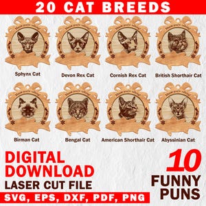 Op de afbeelding: Een digitale download van 20 lasergesneden kattenrassen-versieringen met grappige woordspelingen. De versieringen hebben de vorm van een kerstversiering met een kattenkop in het midden. De tekst "Meow you're talking!" staat boven het hoofd van elke kat. De versieringen zijn gelabeld met de naam van het kattenras onder elke versiering. De tekst "20 CAT BREEDS" staat bovenaan de afbeelding. De tekst "DIGITAL DOWNLOAD LASER CUT FILE SVG, EPS, DXF, PDF, PNG" staat onderaan de afbeelding. De tekst "10 FUNNY PUNS" staat in de rechterbenedenhoek van de afbeelding.
