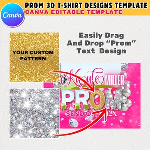May include: A pink and white glitter background with a gold glitter 3D text design that says "PROM". The text is surrounded by silver glitter balls and a green and white background with the text "SEND OFF" and "2X".