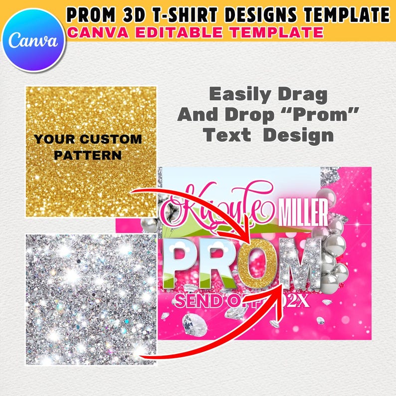 May include: A pink and white glitter background with a gold glitter 3D text design that says "PROM". The text is surrounded by silver glitter balls and a green and white background with the text "SEND OFF" and "2X".