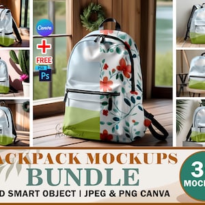 30x Canva Dye Sublimation AOP Backpack Mockup Bundle, AOP Backpack For Print On Demand Mockup, School Bag Mockups In PSD, Smart Canva Frame