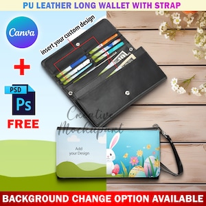 Maqueta de cartera larga de cuero PU Canva con correa para sublimación, inserte su propio diseño y fondo mediante un marco inteligente de Canva y PSD de Photoshop