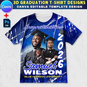 Design de camiseta 3D para formatura, modelo de camiseta azul para Canva, arquivo editável de 81 x 69 cm (32 x 27 polegadas) perfeito para impressão DTF e sublimação.