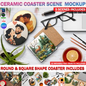 PSD 5X Custom Coaster Mockup Scene, Round and Square Coaster Template, Sublimation Coaster Template, Insert Design Via PSD & Canva Frame