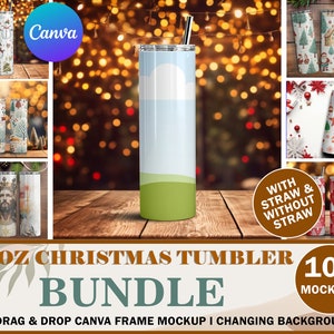 10 Canva Christmas 20oz  Tumbler Mockup Bundle | 20oz Full Wrap Tumbler Mockup | Skinny Tumbler Mockup | 3 Balanced Skinny Tumbler Frame