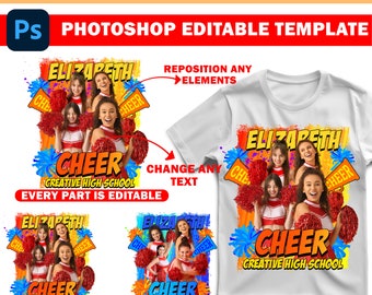 Plantilla de diseño de camiseta de animadora, diseño de camiseta deportiva, plantilla de diseño de camiseta editable en Photoshop perfecta para sublimación, DTF o DT