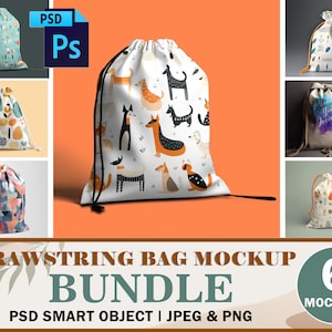 Puede incluir: Un conjunto de seis maquetas de bolsas de cordón con varios patrones, incluyendo un diseño de perro caprichoso, un patrón geométrico y un diseño de acuarela. Las maquetas se presentan en formato PSD, lo que permite una fácil personalización.