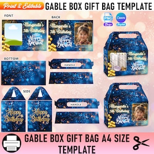 Editable Birthday Gable Box Gift Template, Sparkle Blue Birthday Favor Box, Birthday Party Gable Box, Printable Goody Box/Bag Label Template