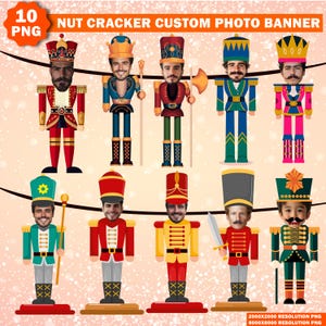 Puede incluir: Diez plantillas de banner de foto de cascanueces digitales. Cada plantilla presenta un diseño de cascanueces diferente con un espacio para una foto. Los cascanueces son de varios colores, incluidos rojo, azul, verde y rosa. El banner es perfecto para una fiesta o celebración navideña.