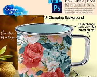11oz Enamel Camp Mug Mockup | Coffee Cup Mock up Camping Cup Mock Up | Change Background, Add Design Via Photoshop PSD, Canva PNG & JPG