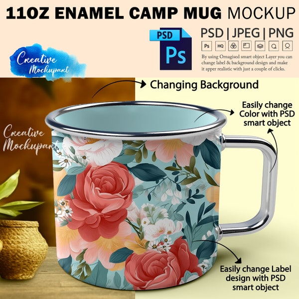 11oz Enamel Camp Mug Mockup | Coffee Cup Mock up Camping Cup Mock Up | Change Background, Add Design Via Photoshop PSD, Canva PNG & JPG