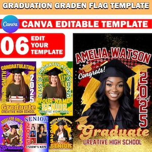 Puede incluir: Cuatro plantillas de banderas de graduación diferentes con un fondo negro, purpurina dorada y acentos rojos. Las plantillas incluyen el texto "Graduate", "Senior", "Congratulations" y "Class of 2025". Cada plantilla tiene un espacio para una foto de un graduado.