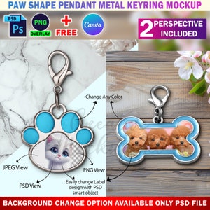 May include: Two mockups of a metal keychain with a paw print and bone shape. The paw print keychain has a blue background and a white cat image. The bone keychain has a blue background and three brown dogs. Both keychains have a silver metal ring and a silver metal clasp.