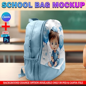 Canva Schooltas Mockup voor sublimatie, Bag Pack Mockup-sjabloon, voeg uw ontwerp en achtergrond in via Smart Canva Frame en Photoshop PSD