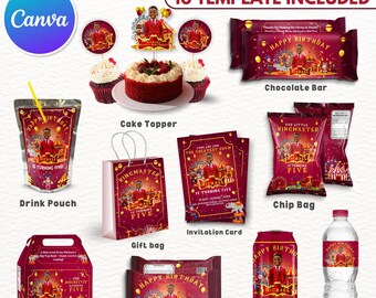 10x Circus Theme Birthday Party Favor Template Bundle, Canva Editable Birthday Party Treats Design, Custom Water Labels, Chip Bag, Wrapper