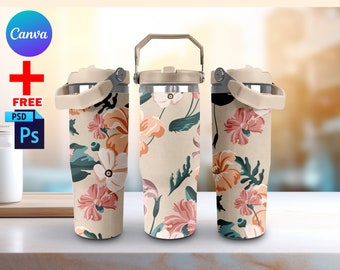 Canva 30oz Tumbler With Flip Straw Mockup, Full Wrap Sublimation Mockup, Insert Design & Background Via PSD And Smart Canva Frame