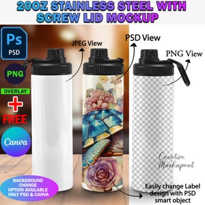 May include: A mockup of a 20 oz stainless steel water bottle with a screw lid. The bottle is white with a black lid and a black handle. The bottle is shown in three different views: a blank white bottle, a bottle with a floral and turtle design, and a bottle with a transparent background. The text "200Z STAINLESS STEEL WITH SCREW LID MOCKUP" is at the top of the image. The text "PSD View", "JPEG View", and "PNG View" are shown above each bottle. The text "Creative Mockupart" is at the bottom of the image. The text "Easily change Label design with PSD smart object" is at the bottom right of the image.