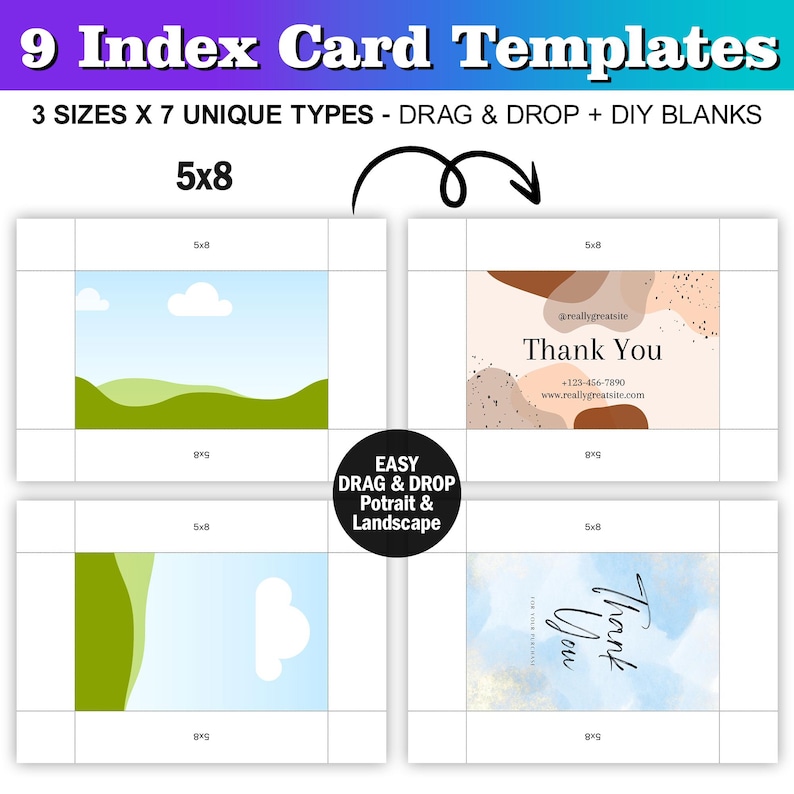 May include: Nine index card templates in three sizes, including 5x8 inch cards. The templates feature a variety of designs, including a landscape with green hills and clouds, a thank you card with a watercolour background, and a blank template. The text "EASY DRAG & DROP Portrait & Landscape" is also included.
