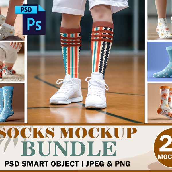 20 Socks Mockup Bundle For Dye Sublimation| Separated Toe and Heel Socks Mockup, Ankle, Sports, Crew Socks, Smart PSD & Canva Frame Template