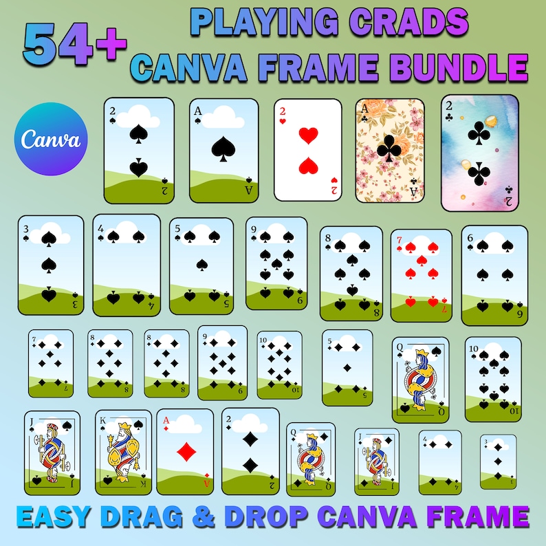 Op de afbeelding: Een set van 54 afdrukbare speelkaartenframes voor Canva. De frames hebben verschillende ontwerpen, waaronder wolken, bloemen en aquarel achtergronden. De tekst "PLAYING CRADS 54+ CANVA FRAME BUNDLE" staat bovenaan de afbeelding. De tekst "EASY DRAG & DROP CANVA FRAME" staat onderaan de afbeelding.