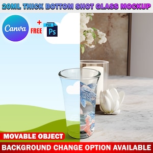 Canva 20ml Thick Bottom Shot Glass Mockup, Mini Drink/Tequila Glass Mockup, Insert Design & Background Via PSD, Canva Frame