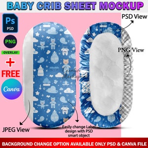May include: Mockup of a baby crib sheet with a blue and white pattern featuring clouds, stars, and bears. The sheet is shown in both a PSD and PNG view. The text "Easily change Label design with PSD smart object" is also included.