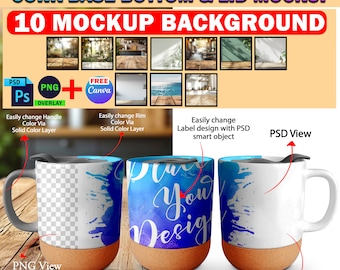 Dye Sublimation 15oz Ceramic Coffee Mug With Cork Base Bottom And Lid Mockup, Insert Your Design And Background Via Smart Canva Frame, PSD