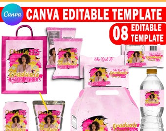 Graduation Treat Packaging, Prom Template Bundle, Glitter Yellow  Graduation Treats Design, Canva Party Bundle Custom Water Labels, Chip Bag