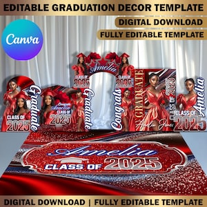Custom Graduation Decor Canva Template Bundle, Name Cutout, Red & Blue Grad Entrance Arch, Magazine Backdrop, Hat Arch Wall, Floor Wrap Set