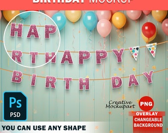 Custom Shape Birthday Bunting Mockup, DIY Paper Flag Banner Mockup, Make Your Own Pennant Bunting Banner Mockup, Insert Design Via PSD, PNG