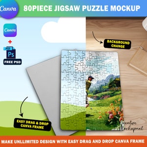 Canva 80 Piece Puzzle Mockup, Jigsaw Puzzle Template For Sublimation, Insert Your Own Design & Background Via Smart Canva Frame And PSD