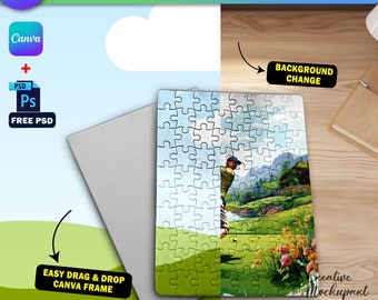 Maqueta de rompecabezas de 80 piezas de Canva, plantilla de rompecabezas para sublimación, inserte su propio diseño y fondo a través del marco inteligente de Canva y PSD