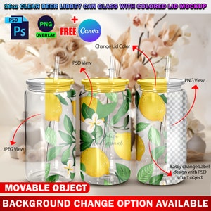 May include: A mockup of a 16-ounce clear glass can with a yellow lid and a straw. The can has a lemon and leaf design printed on it. The background is a blurry image of white flowers. The text "Change Lid Color" is visible in the image. The text "PSD View", "PNG View", and "JPEG View" are also visible in the image.