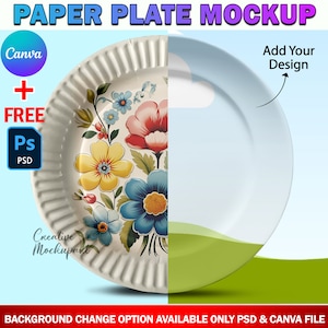 Puede incluir: Una maqueta de un plato de papel blanco con un diseño floral. El plato está parcialmente oscurecido por un plato de papel blanco en blanco con un fondo de cielo azul y hierba verde. El texto "Añadir su diseño" está escrito sobre el plato en blanco con una flecha apuntando hacia él.